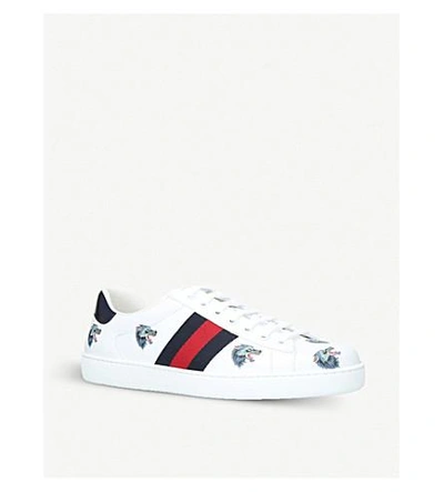 Shop Gucci New Ace Wolf-embroidered Leather Trainers In White/oth