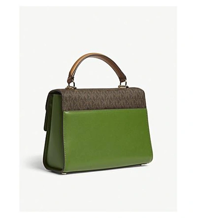 Shop Michael Michael Kors Sloan Logo Medium Leather Satchel Bag In Tr Green /brn