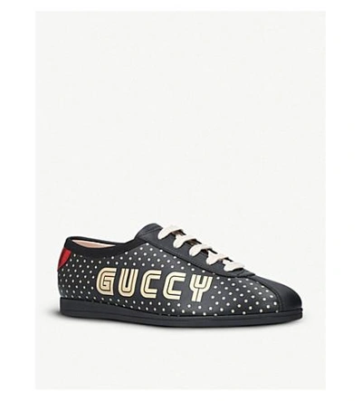 Shop Gucci Falacer Guccy Print Leather Low-top Trainers In Blk/other