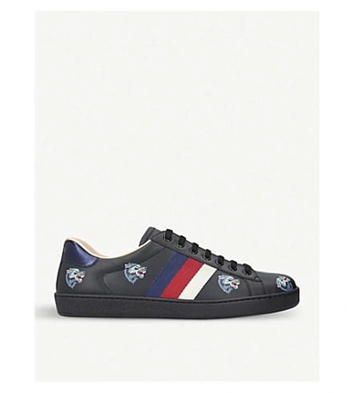Shop Gucci New Ace Wolf-embroidered Leather Trainers In Blk/blue
