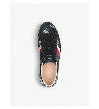 Shop Gucci New Ace Wolf-embroidered Leather Trainers In Blk/blue