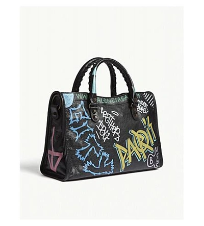 Shop Balenciaga Ladies Black And Blue City Graffiti Print Leather Shoulder Bag In Multi Pastel