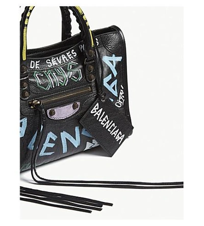 Shop Balenciaga Ladies Black And Blue City Graffiti Print Leather Shoulder Bag In Multi Pastel