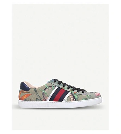 Shop Gucci New Ace Flora Leather Trainers In Khaki