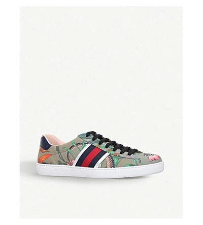 Shop Gucci New Ace Flora Leather Trainers In Khaki