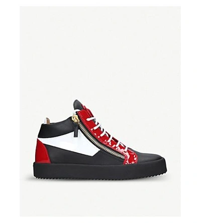 Shop Giuseppe Zanotti Colour Block Leather Mid-top Trainers In Blk/red