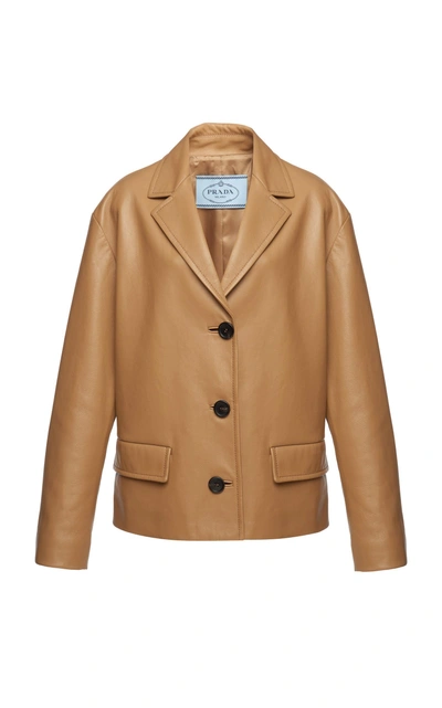 Shop Prada Leather Jacket In Brown