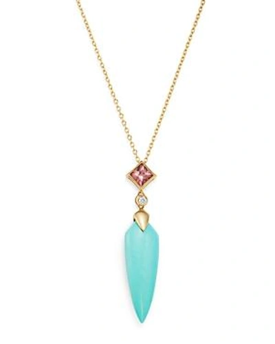 Shop Olivia B 14k Yellow Gold Stabilized Turquoise, Pink Tourmaline & Diamond Drop Pendant Necklace, 16 - 100% Exc In Multi/gold