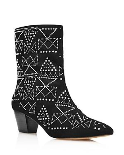 Shop Rebecca Minkoff Women's Hessania Studded Suede Mid-heel Booties In Black
