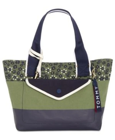 Shop Tommy Hilfiger Classic Tommy Canvas Floral Tote In Olive/gold