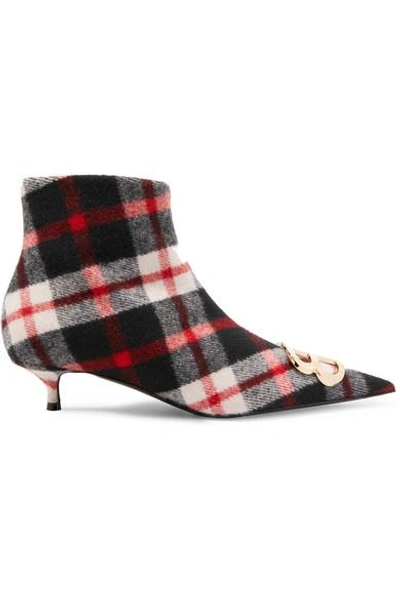 Shop Balenciaga Knife Logo-embellished Tartan Wool Ankle Boots In Red