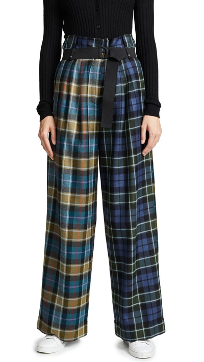 Shop Tibi Tartan Pleated Pants With Belt In Blue Multi