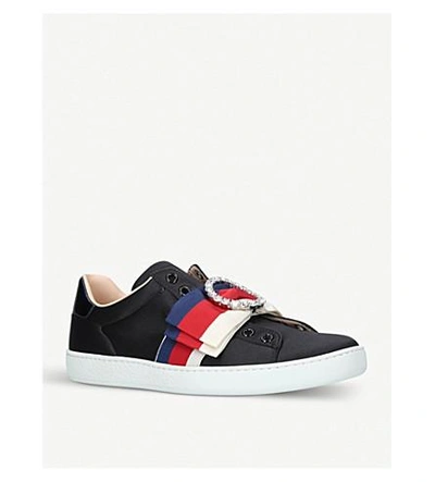 Shop Gucci New Ace Bow-detail Satin Trainers In Black