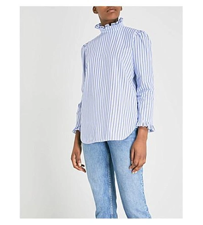 Shop Sandro Ruffled Striped Cotton Blouse In Ecru   Blue