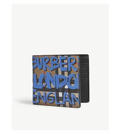 Shop Burberry Graffiti Check Leather Billfold Wallet In Cnvs Blu Antique Ylw