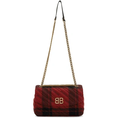 Shop Balenciaga Red And Black Medium Plaid Bb Round Bag In 6560 Red/bl