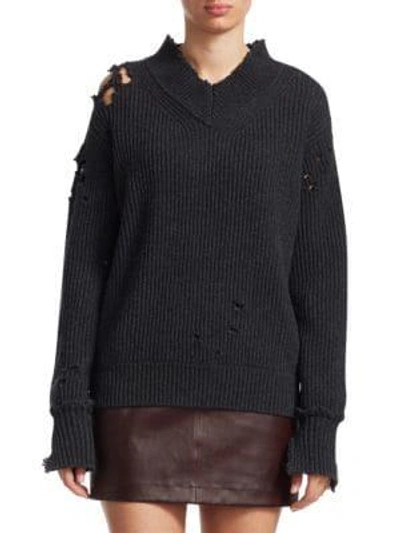 Shop Helmut Lang Ribbed Distress Wool Sweater In Charcoal
