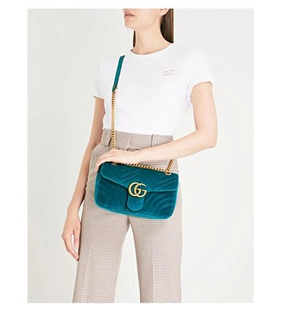 Shop Gucci Ladies Peacock Dark Blue Marmont Velvet Shoulder Bag