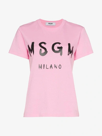 Shop Msgm Pink Short Sleeve Logo Tshirt In Pink/purple