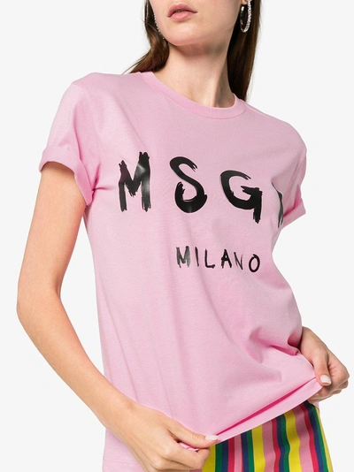 Shop Msgm Pink Short Sleeve Logo Tshirt In Pink/purple