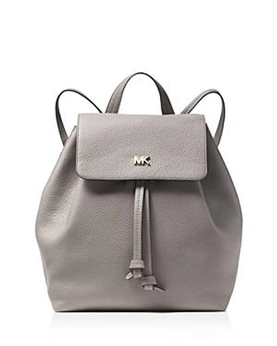 Shop Michael Michael Kors Junie Medium Leather Flap Backpack In Pearl Gray/gold
