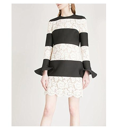 Shop Valentino Striped Lace-panel Wool And Silk-blend Mini Dress In Black/white