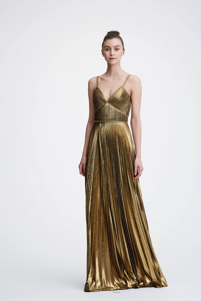 Shop Marchesa Notte Sleeveless Pleated Lame Evening Gown In Gold