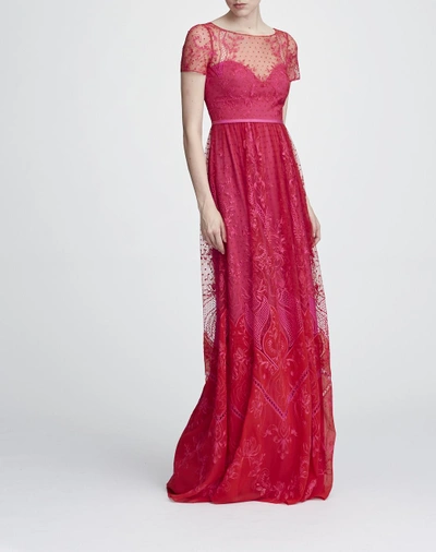 Shop Marchesa Notte Short Sleeve Chiffon And Lace Gown In Pink