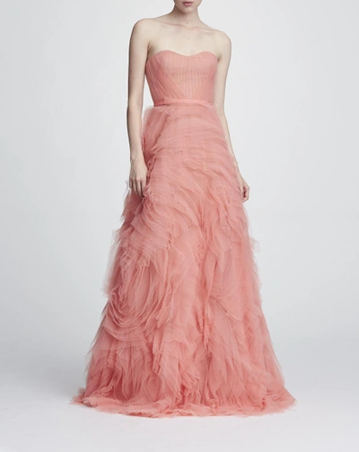 Shop Marchesa Notte Strapless Textured Tulle Gown In Coral