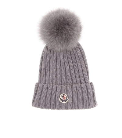 Shop Moncler Fur-trimmed Wool Hat In Grey