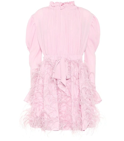 Shop Valentino Feather Trimmed Silk Dress In Pink