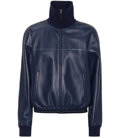Shop Prada Leather Jacket In Blue