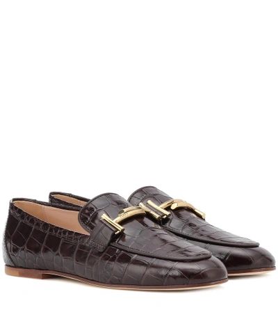 Shop Tod's Double T Leather Loafers In Brown