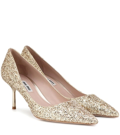 Shop Miu Miu Glitter Pumps In Gold