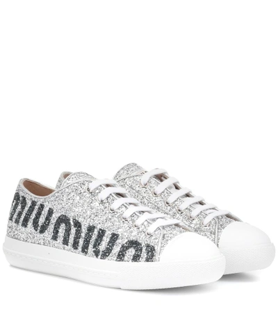 Shop Miu Miu Logo Glitter Sneakers In Silver