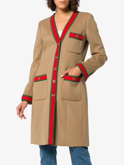 Shop Gucci Web Stripe Wool Coat In Brown