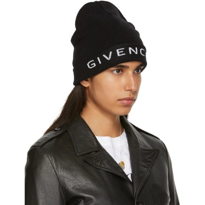 Shop Givenchy Black Wool Logo Beanie In 004 Bl/wh