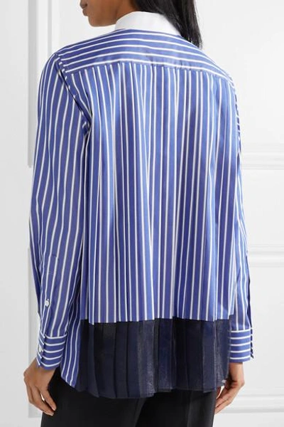 Shop Sacai Piqué And Organza-trimmed Striped Cotton-poplin Shirt In Azure