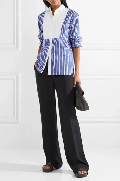 Shop Sacai Piqué And Organza-trimmed Striped Cotton-poplin Shirt In Azure