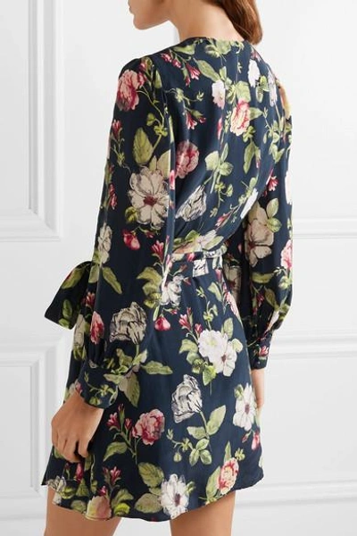 Shop Alice And Olivia Hannah Wrap-effect Floral-print Washed-satin Mini Dress In Midnight Blue