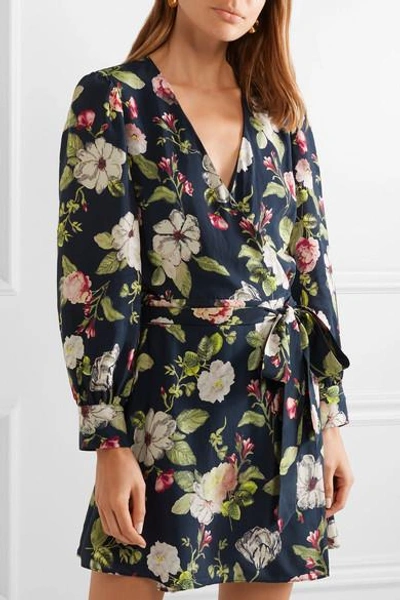 Shop Alice And Olivia Hannah Wrap-effect Floral-print Washed-satin Mini Dress In Midnight Blue