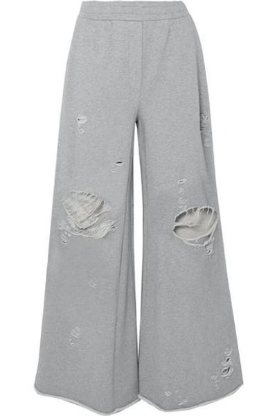 Shop Alexander Wang T Distressed French Cotton-terry Wide-leg Track Pants In Gray