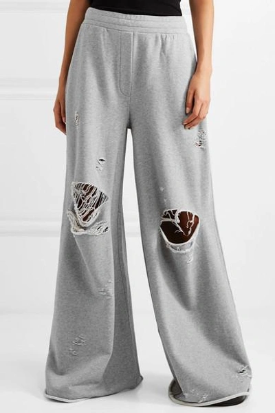 Shop Alexander Wang T Distressed French Cotton-terry Wide-leg Track Pants In Gray