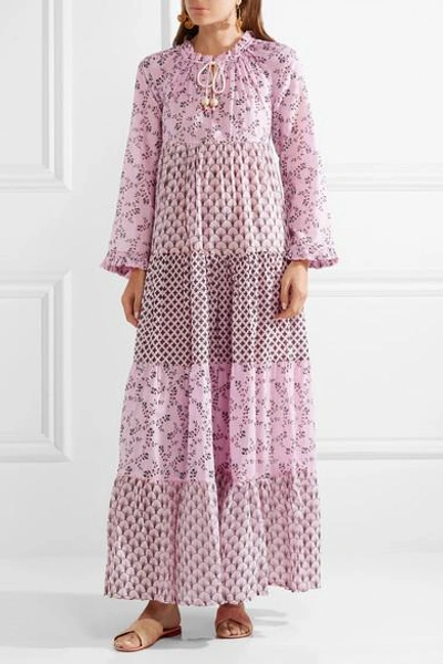 Shop Yvonne S Tiered Printed Cotton-voile Maxi Dress In Baby Pink