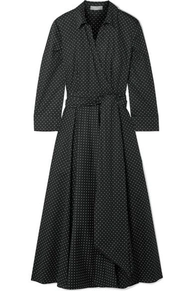 Shop Michael Kors Pleated Polka-dot Cotton-blend Poplin Dress In Black