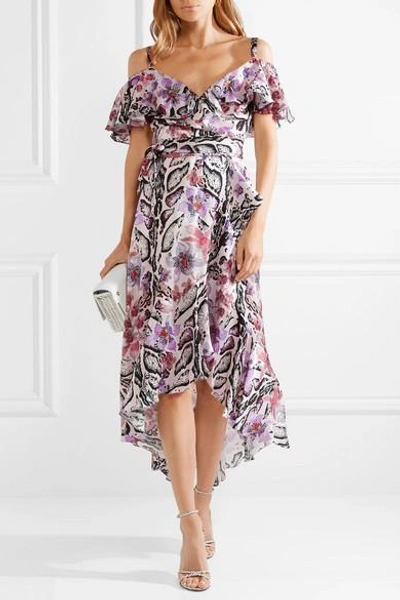 Shop Temperley London Ruffled Printed Hammered Silk-satin Midi Dress In Purple