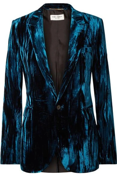 Shop Saint Laurent Crushed-velvet Blazer In Cobalt Blue