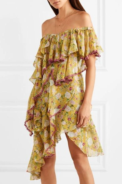 Shop Anjuna Nuccia Off-the-shoulder Ruffled Floral-print Silk-chiffon Dress In Chartreuse
