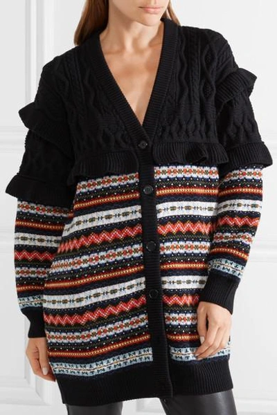 Shop Philosophy Di Lorenzo Serafini Ruffle-trimmed Fair Isle Cable-knit Wool Cardigan In Black