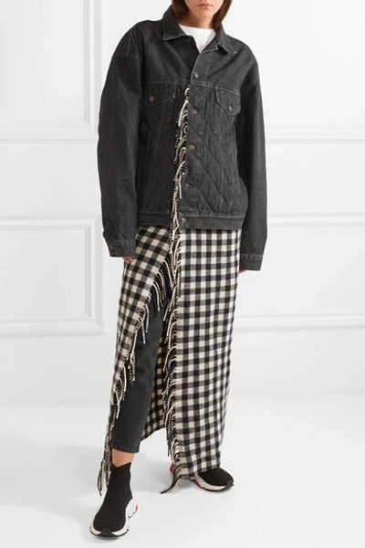 Shop Balenciaga Layered Quilted Denim And Fringed Gingham Wool Jacket